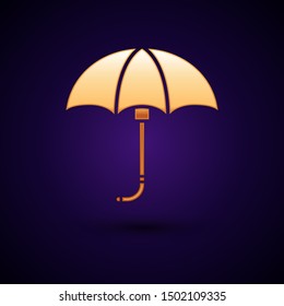 Gold Classic elegant opened umbrella icon isolated on dark blue background. Rain protection symbol.  Vector Illustration