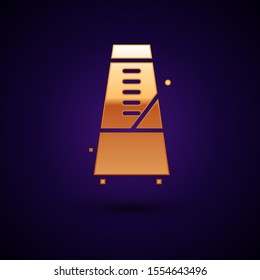 Gold Classic Metronome with pendulum in motion icon isolated on dark blue background. Equipment of music and beat mechanism.  Vector Illustration