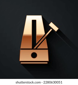 Gold Classic Metronome with pendulum in motion icon isolated on black background. Equipment of music and beat mechanism. Long shadow style. Vector