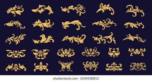 Gold classic ornament border collection. Vintage, elegant, Swirl, flourish, victorian. Set fancy decorative element vector illustration. Perfect for certificate, invitation, document decoration