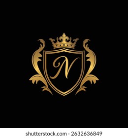 Gold Classy Royal Shield N Letter with Crown