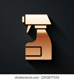 Gold Cleaning spray bottle with detergent liquid icon isolated on black background. Stain remover. Long shadow style. Vector