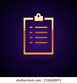 Gold Clipboard with checklist icon isolated on black background. Control list symbol. Survey poll or questionnaire feedback form.  Vector Illustration