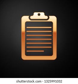 Gold Clipboard with document icon isolated on black background. Vector Illustration