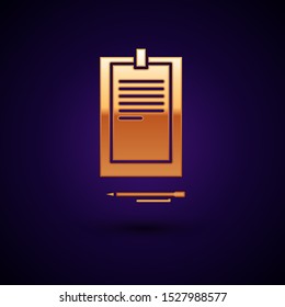 Gold Clipboard with document icon isolated on dark blue background.  Vector Illustration