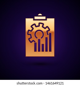 Gold Clipboard with graph chart icon isolated on dark blue background. Report text file icon. Accounting sign. Audit, analysis, planning.  Vector Illustration