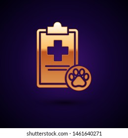 Gold Clipboard with medical clinical record pet icon isolated on dark blue background. Health insurance form. Medical check marks report.  Vector Illustration