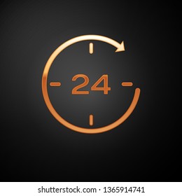 Gold Clock 24 hours icon isolated on black background. All day cyclic icon. 24 hours service symbol. Vector Illustration