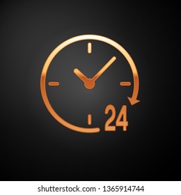 Gold Clock 24 hours icon isolated on black background. All day cyclic icon. 24 hours service symbol. Vector Illustration
