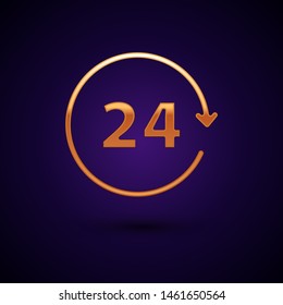 Gold Clock 24 hours icon isolated on dark blue background. All day cyclic icon. 24 hours service symbol.  Vector Illustration