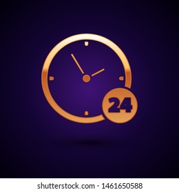 Gold Clock 24 hours icon isolated on dark blue background. All day cyclic icon. 24 hours service symbol.  Vector Illustration