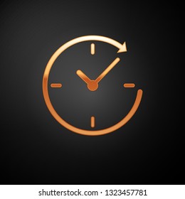 Gold Clock with arrow icon isolated on black background. Time symbol. Clockwise rotation icon arrow and time. Vector Illustration
