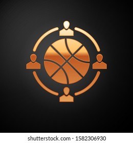 Gold Clock with basketball ball inside icon isolated on black background. Basketball time. Sport and training.  Vector Illustration