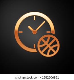 Gold Clock with basketball ball inside icon isolated on black background. Basketball time. Sport and training.  Vector Illustration