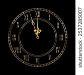 Gold clock face with midnight time. 3d golden watch on black background. Classic vintage luxury elegant roman numeral clock. Realistic vector illustration for new year or Christmas greeting card.