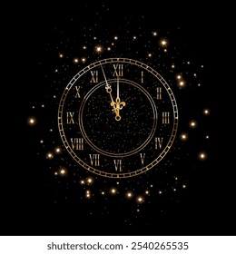 Gold clock face with midnight time. 3d golden watch on black background. Classic vintage luxury elegant roman numeral clock. Realistic vector illustration for new year or Christmas greeting card.