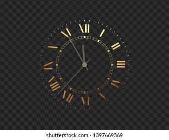 Gold clock, five minutes to midnight. Watch isolated on transparent background