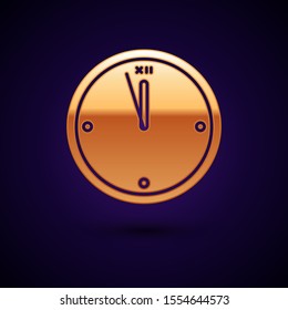 Gold Clock icon isolated on dark blue background. Time symbol. Merry Christmas and Happy New Year.  Vector Illustration