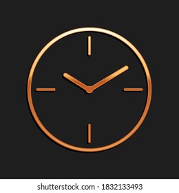 Gold Clock icon isolated on black background. Time symbol. Long shadow style. Vector.