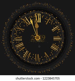 Gold Clock indicating countdown to 12 O' Clock 2019 New Year's Eve on a black background with gold dust 