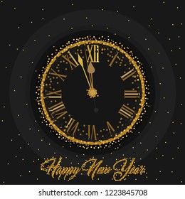 Gold Clock indicating countdown to 12 O' Clock 2019 New Year's Eve on a black background with gold dust 