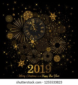 Gold Clock indicating countdown to 12 O' Clock 2019 New Year's Eve on a black 
background with abstract snowflakes and fireworks