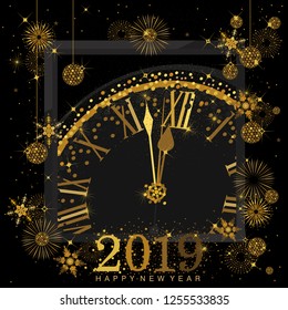 Gold Clock indicating countdown to 12 O' Clock 2019 New Year's Eve on a black background with abstract snowflakes and fireworks