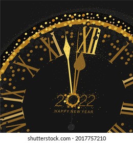 Gold Clock indicating countdown to 12 O' Clock 2022 New Year's Eve on a black background with abstract designs