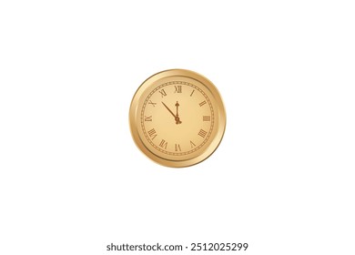 Gold clock with Roman numerals and classic design on a white background, time showing 12:05.