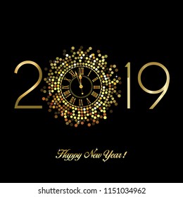 Gold clock with roman numerals on a hexagon disco ball with New Year numerals in a circular format on a black background