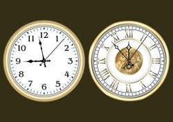 Gold Clocks With Arabic And Roman Numerals, Set. Vector Illustration.