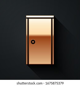 Gold Closed door icon isolated on black background. Long shadow style. Vector Illustration