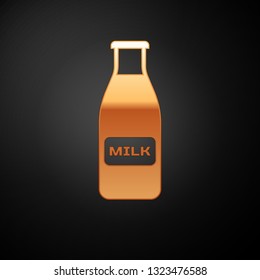 Gold Closed glass bottle with milk and cap icon isolated on black background. Vector Illustration
