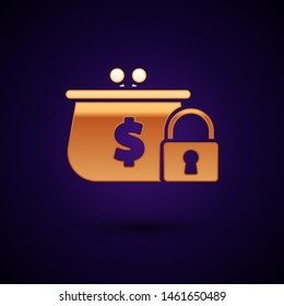 Gold Closed wallet with lock icon isolated on dark blue background. Locked wallet. Security, safety, protection concept. Concept of a safe payment.  Vector Illustration