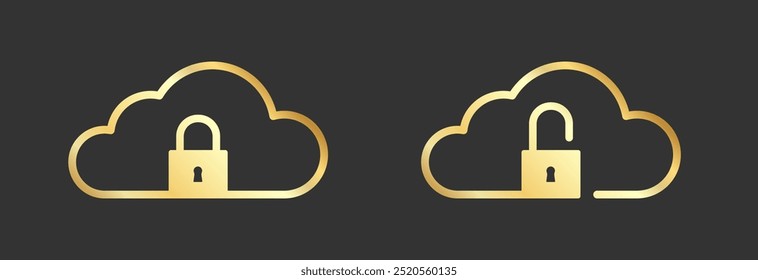 Gold cloud icon with padlock. Security, security, security concept. 