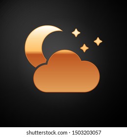 Gold Cloud with moon and stars icon isolated on black background. Cloudy night sign. Sleep dreams symbol. Night or bed time sign.  Vector Illustration