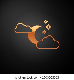 Gold Cloud with moon and stars icon isolated on black background. Cloudy night sign. Sleep dreams symbol. Night or bed time sign.  Vector Illustration