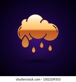 Gold Cloud with rain icon isolated on dark blue background. Rain cloud precipitation with rain drops.  Vector Illustration