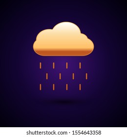 Gold Cloud with rain icon isolated on dark blue background. Rain cloud precipitation with rain drops.  Vector Illustration