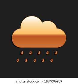 Gold Cloud with rain icon isolated on black background. Rain nimbus cloud precipitation with rain drops. Long shadow style. Vector.