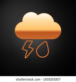 Gold Cloud with rain and lightning icon isolated on black background. Rain cloud precipitation with rain drops.Weather icon of storm.  Vector Illustration