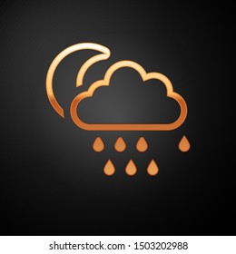 Gold Cloud with rain and moon icon isolated on black background. Rain cloud precipitation with rain drops.  Vector Illustration