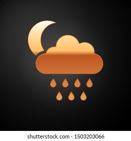 Gold Cloud with rain and moon icon isolated on black background. Rain cloud precipitation with rain drops.  Vector Illustration