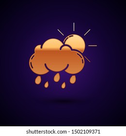 Gold Cloud with rain and sun icon isolated on dark blue background. Rain cloud precipitation with rain drops.  Vector Illustration