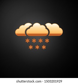 Gold Cloud with snow icon isolated on black background. Cloud with snowflakes. Single weather icon. Snowing sign.  Vector Illustration