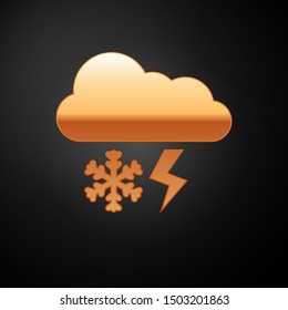 Gold Cloud with snow and lightning icon isolated on black background. Cloud with snowflakes. Single weather icon. Snowing sign.  Vector Illustration