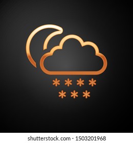 Gold Cloud with snow and moon icon isolated on black background. Cloud with snowflakes. Single weather icon. Snowing sign.  Vector Illustration