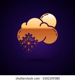 Gold Cloud with snow and sun icon isolated on dark blue background. Cloud with snowflakes. Single weather icon. Snowing sign.  Vector Illustration