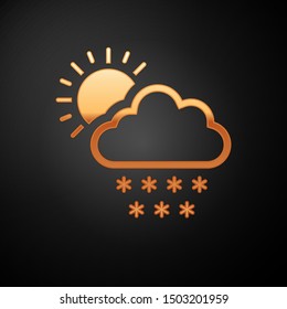 Gold Cloud with snow and sun icon isolated on black background. Cloud with snowflakes. Single weather icon. Snowing sign.  Vector Illustration