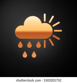 Gold Cloudy with rain and sun icon isolated on black background. Rain cloud precipitation with rain drops.  Vector Illustration